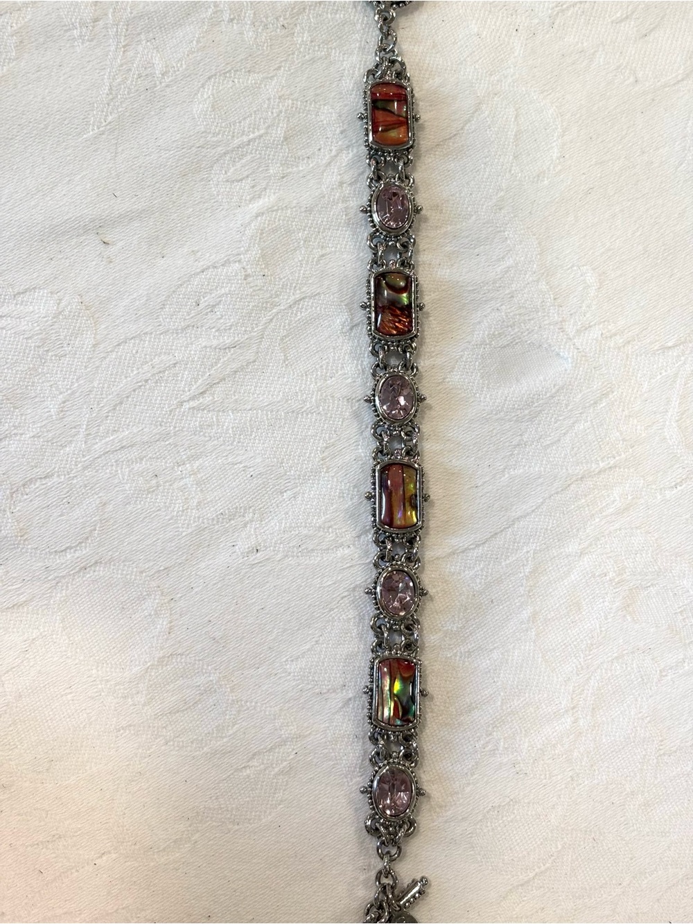 Silver Multicolor Glass & Pink Stone Bracelet